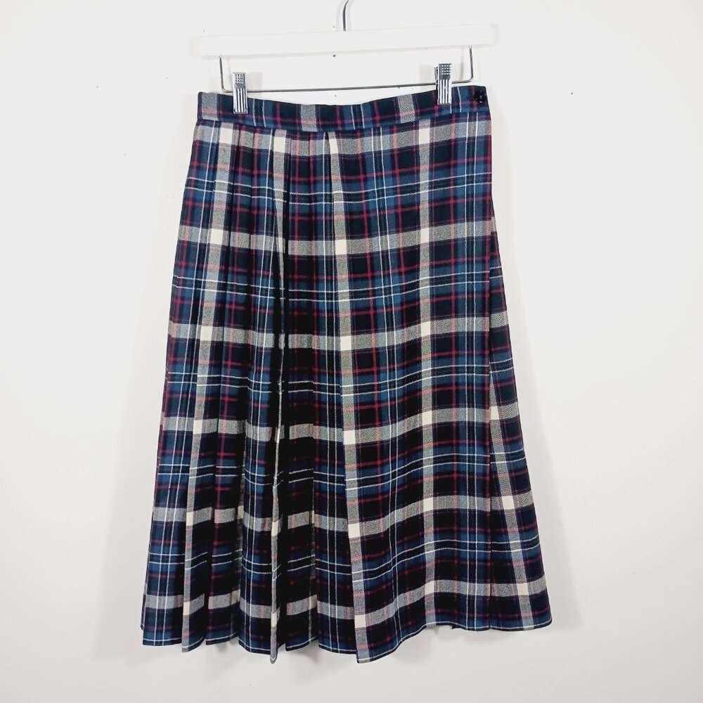 Vintage F.A. Chatta SZ 10 Wool Plaid Pleated Wrap Skirt, Navy/Red/Cream Academia - Picture 5 of 13
